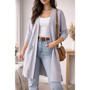 Debut Cardigan Women's Small Gray Open Front Long Knit Duster Pockets Minimalist